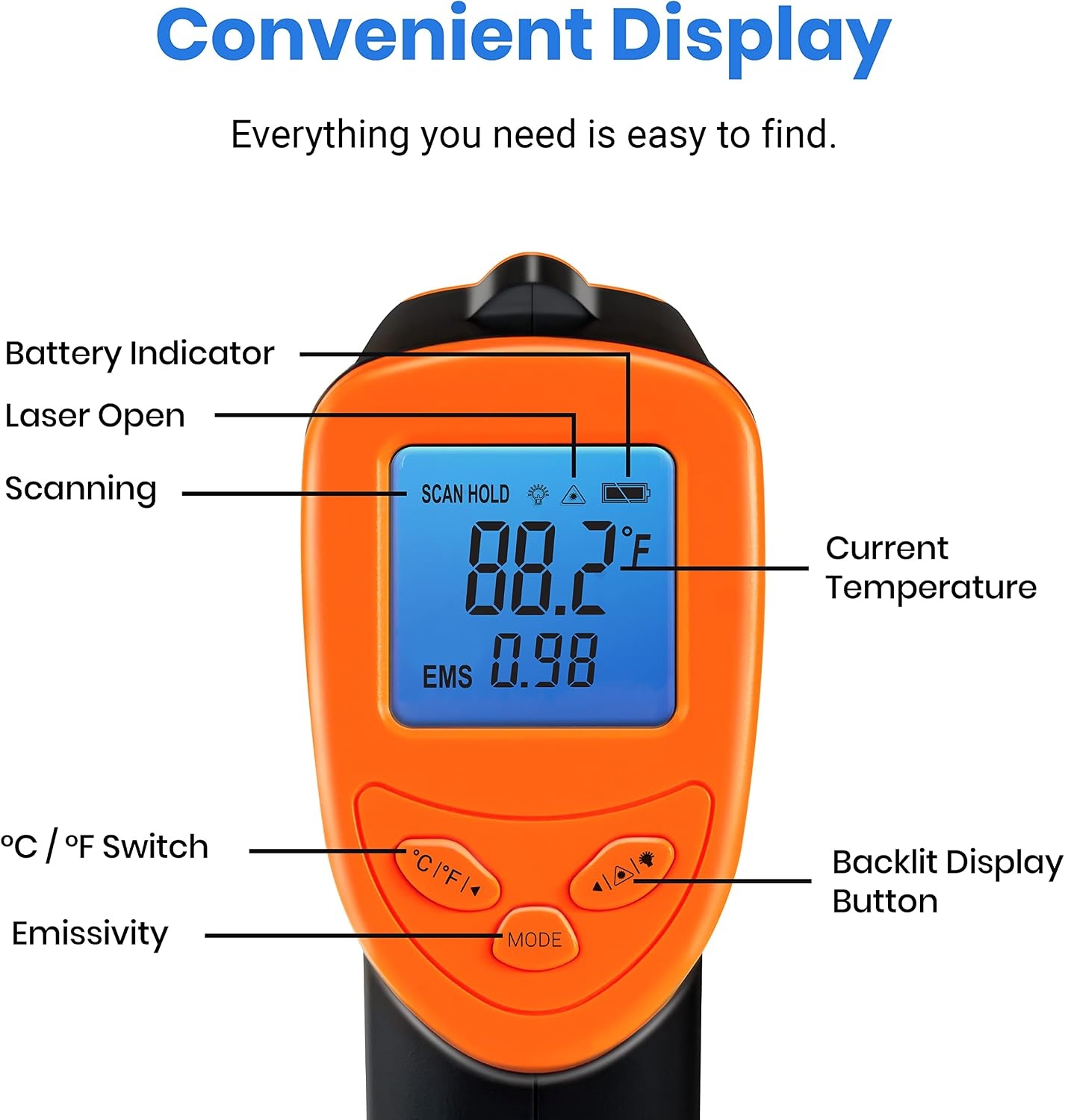 image:imageEtekcity Infrared Thermometer Laser Temperature Gun 774 Orange Cooking Pizza Oven Griddle BBQ Meat HVAC Engine Adjustable Emissivity MAX Display Surface MeasurementBlaze Orange