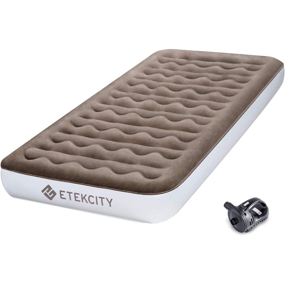 image:imageEtekcity Air Mattress Upgraded Twin Size Camping Air Bed Blow Up Bed Inflatable Mattress Raised Airbed with Rechargeable Pump for Guest Camping Hiking Height 9 Storage Bag BrownTwin