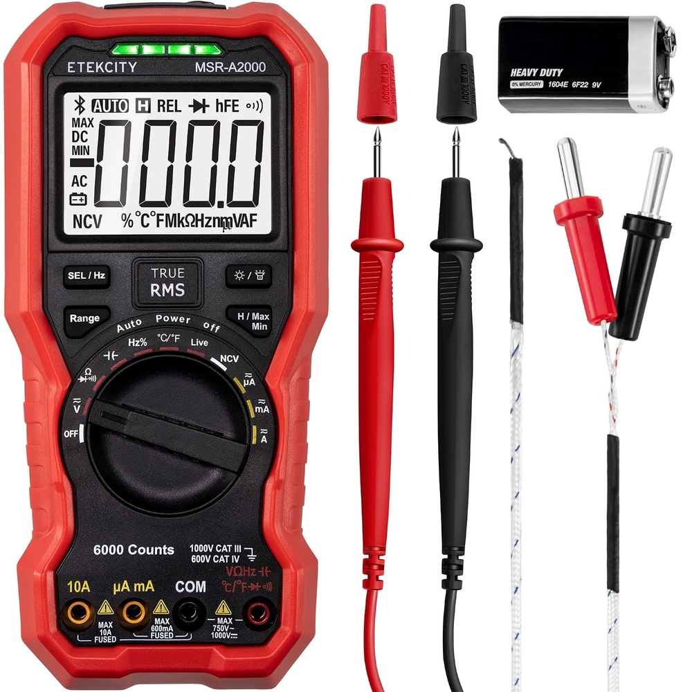 image:imageEtekcity Digital Multimeter Voltmeter Tester TRMS 6000 Counts AC DC Current Voltage Meter Amp Ohm Diode Capacitance Frequency Temperature NCV Resistance Red MSRA2000
