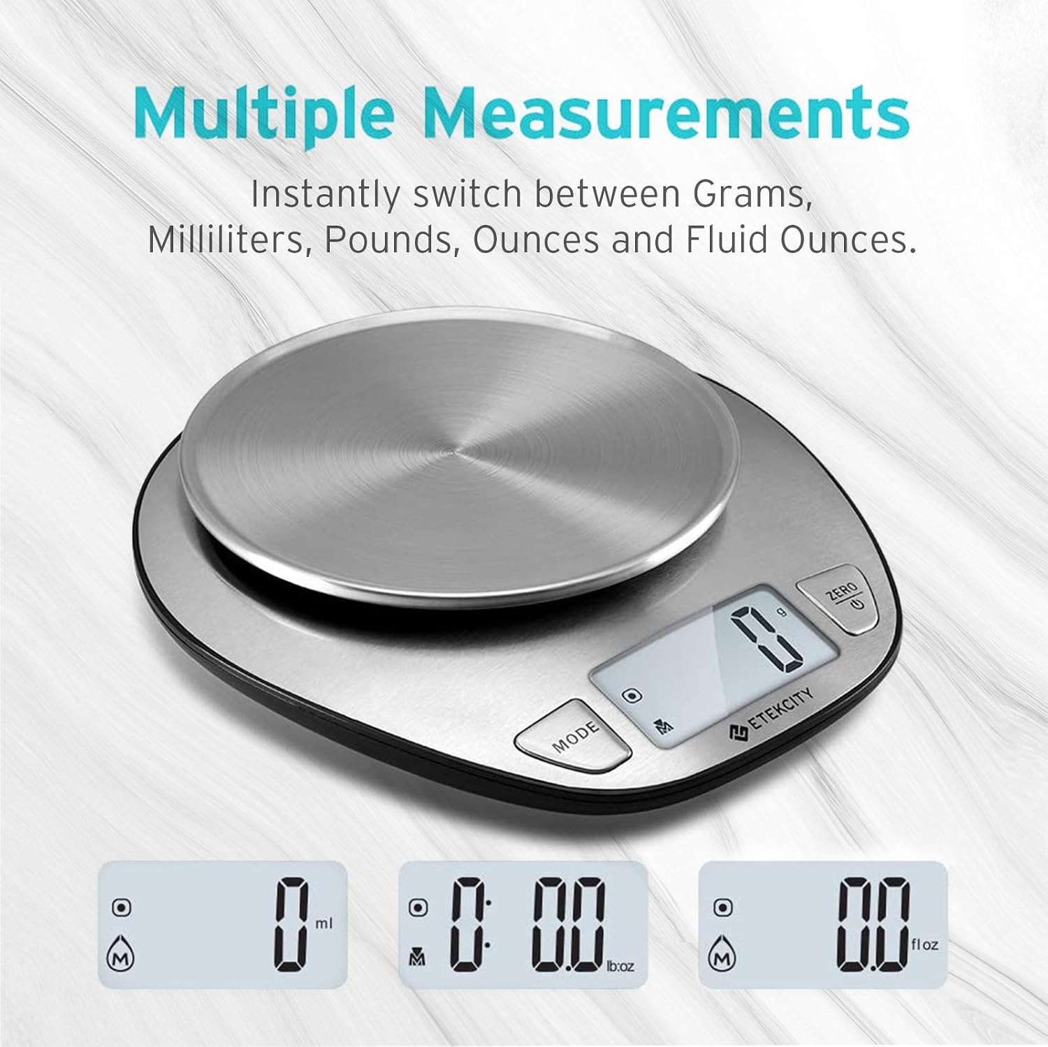image:imageEtekcity 11lb5kg Stainless Steel Digital Kitchen Food Scales with Liquid Volume Measurement Function Auto ZeroTare and Large Backlight LCD Display SilverBasic1 g round