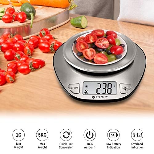 image:imageEtekcity 11lb5kg Stainless Steel Digital Kitchen Food Scales with Liquid Volume Measurement Function Auto ZeroTare and Large Backlight LCD Display SilverBasic1 g round