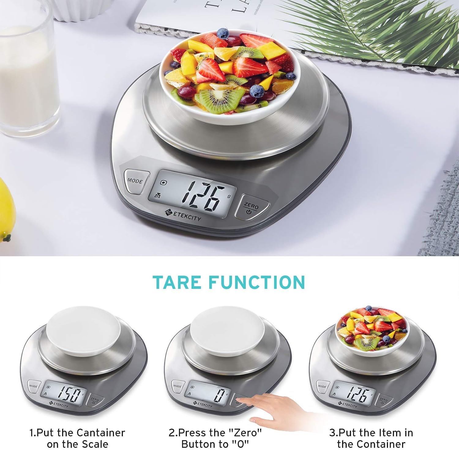 image:imageEtekcity 11lb5kg Stainless Steel Digital Kitchen Food Scales with Liquid Volume Measurement Function Auto ZeroTare and Large Backlight LCD Display SilverBasic1 g round