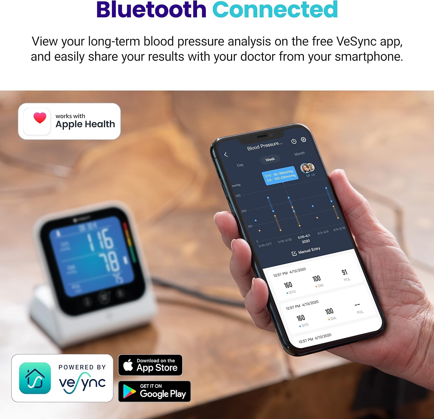 image:imageEtekcity Bluetooth Blood Pressure Monitor for Home Use Upper Arm FSA HSA Eligible Wide Cuff 86165 to Large Adult Arms Irregular Heartbeat Detection Bluetooth App iOS amp Android