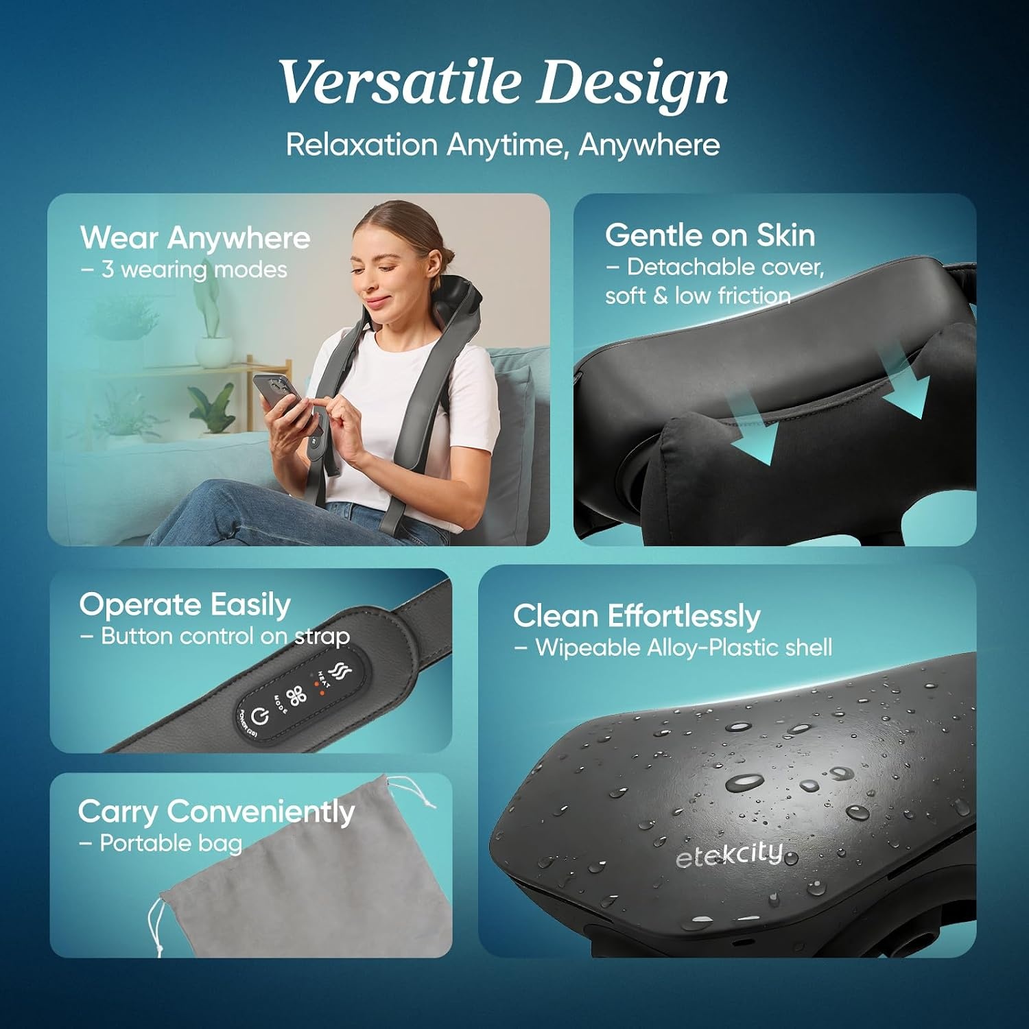 image:imageEtekcity FSA Cordless Neck Massager for Pain Relief Deep Tissue Cadeo HSA eligible shiatsu neck and shoulder massager with heat lymphatic drainage massage ideal gift for mom and dadGrey