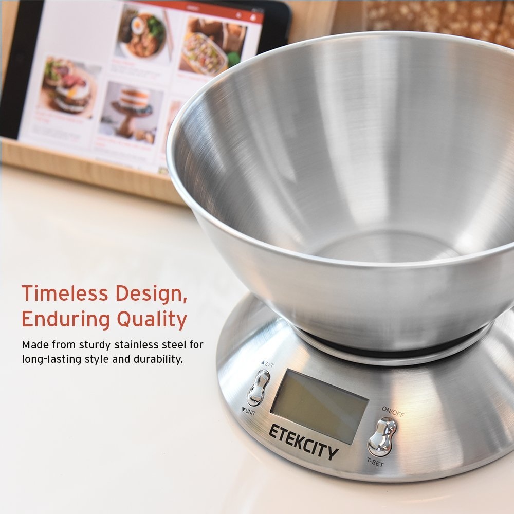 image:imageEtekcity Food Kitchen Scale with Bowl 11lb5kg Grams and Ounces Removable bowl with tare backlit display ideal for baking meal prep dieting and weight lossStainless SteelSilver