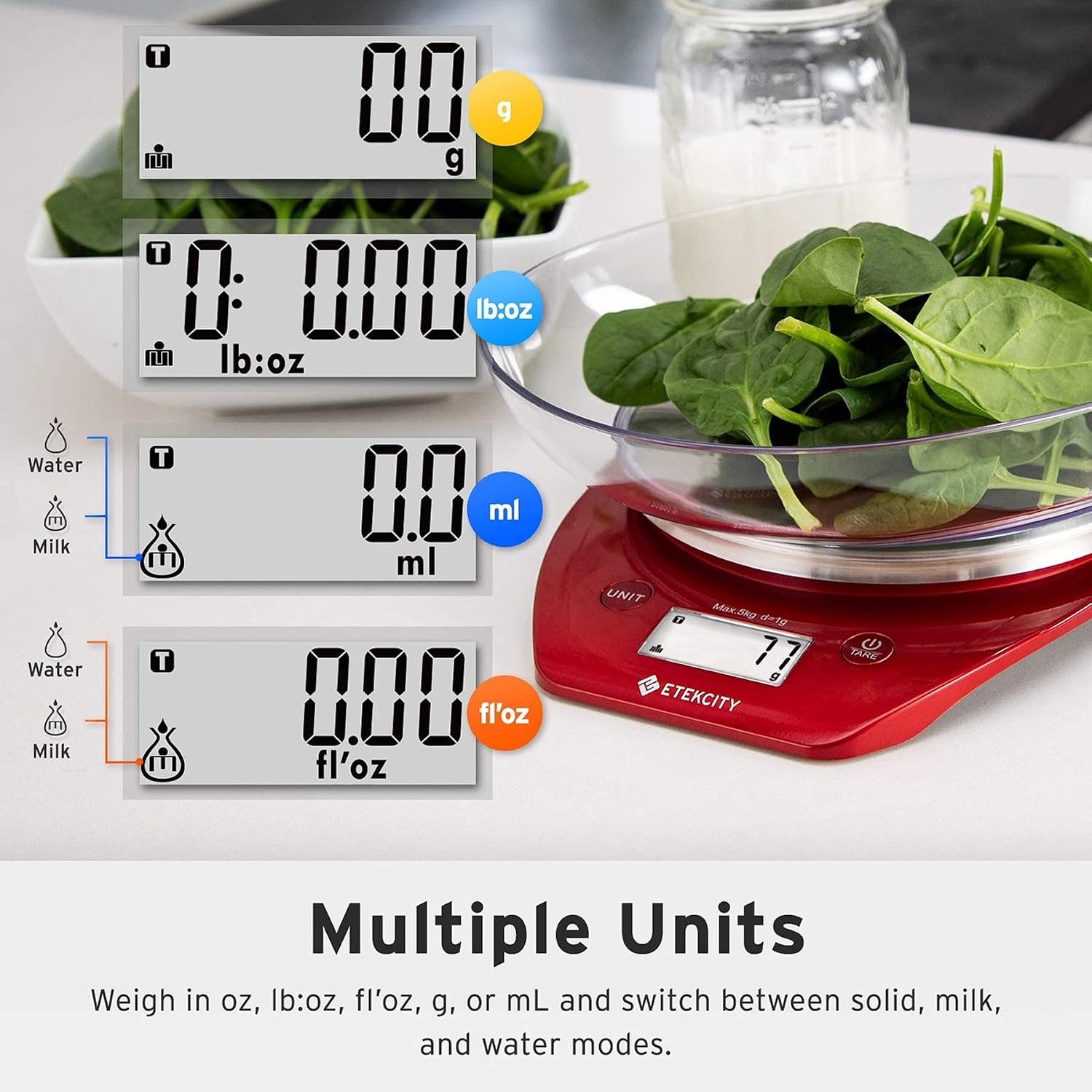 image:imageEtekcity Food Kitchen Scale with Bowl 11lb5kg Grams and Ounces Removable bowl with tare backlit display ideal for baking meal prep dieting and weight lossChili Red