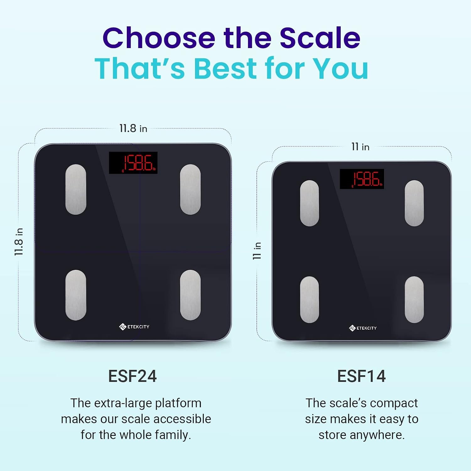image:imageEtekcity Scales for Body Weight Bathroom Digital Weight Scale for Body Fat Smart Bluetooth Scale for BMI and Weight Loss Sync 13 Data with Other Fitness Apps Black 11x11 Inch