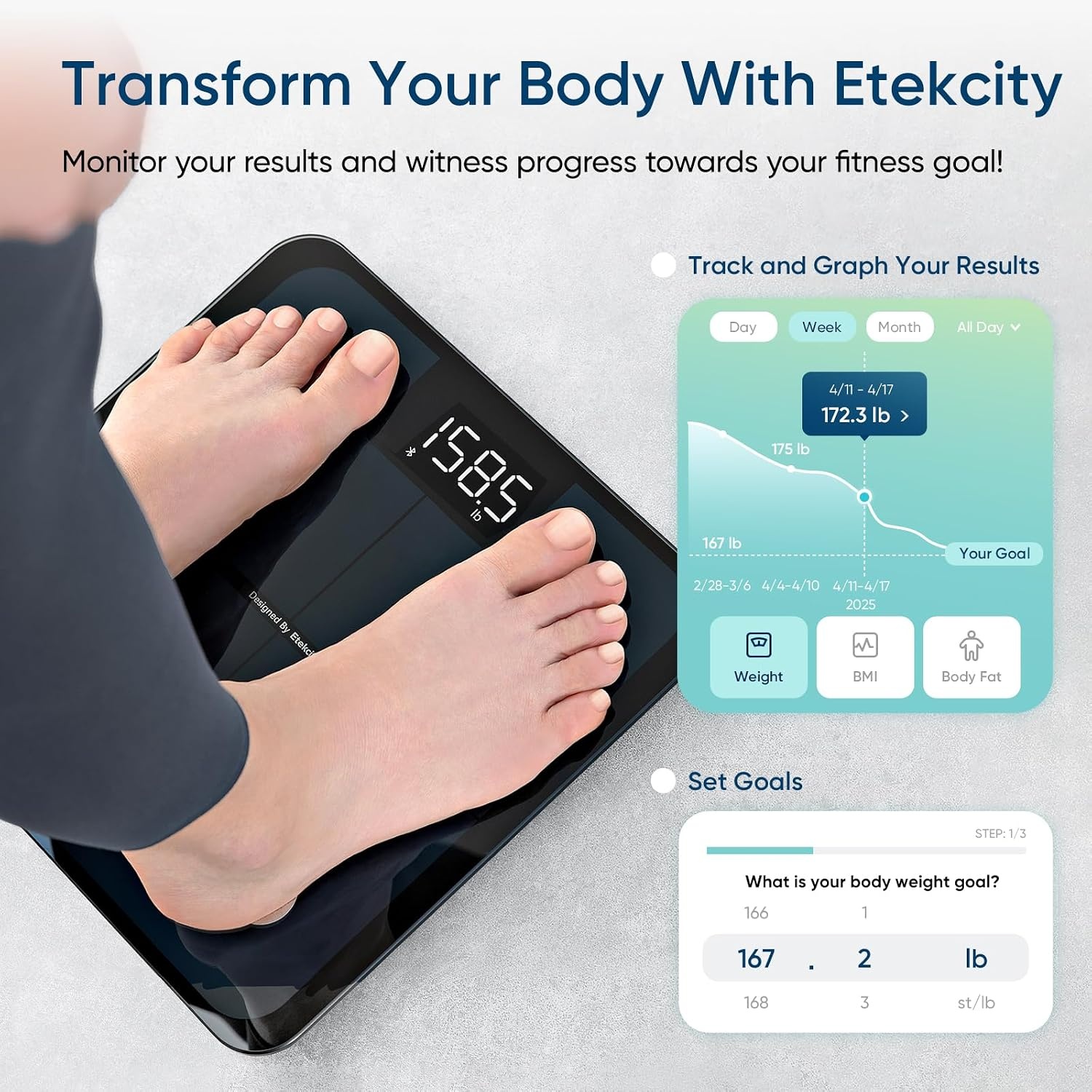 image:imageEtekcity Smart Scale for Body Weight Body Fat and BMI FSA Eligible HSA Eligible Bathroom Scale with Muscle Mass Accurate Bluetooth App Sync LED Display and Tempered GlassBlack