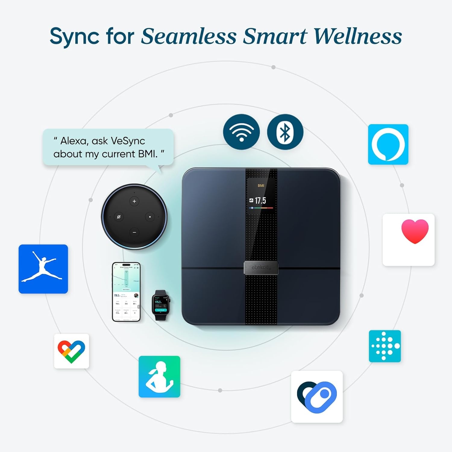image:imageEtekcity Smart Scale for Body Weight and Fat BMI FSA Eligible Black HSA Eligible Digital Scale for BMI Muscle Mass and Body Composition with Apple Health TFT Display Tempered GlassBlackColor Screen
