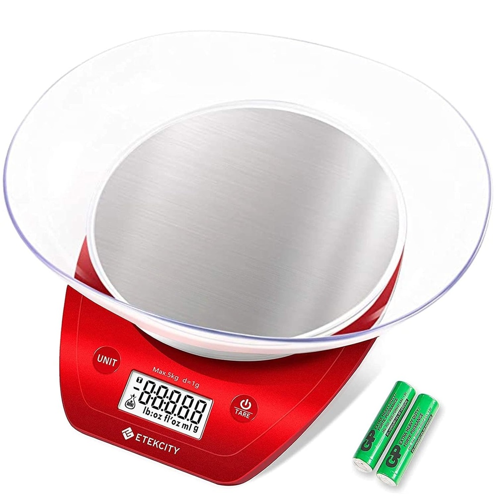 image:imageEtekcity Food Kitchen Scale with Bowl 11lb5kg Grams and Ounces  Removable bowl with tare backlit display ideal for baking meal prep dieting and weight lossChili Red
