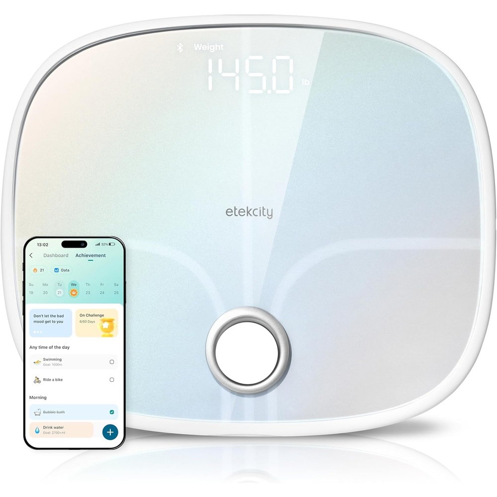 image:imageEtekcity Smart Rechargeable Scale for Body Weight BMI Fat Muscle Mass FSAampHSA Eligible Digital Bathroom Scale with 13 Metrics Secret Mode Bluetooth Connect to Free Apps Rainbow White
